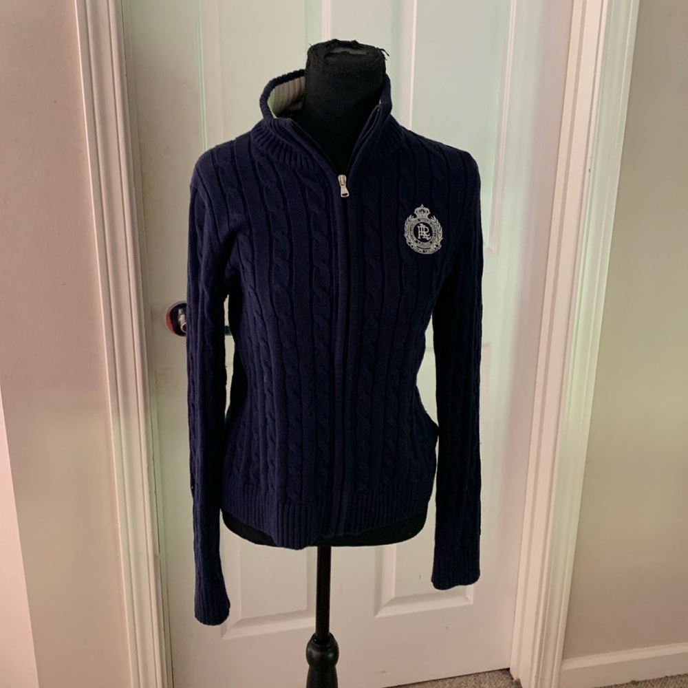 Lauren by Ralph Lauren Navy blue & white Crest logo cotton Nautical 1/4 sweater